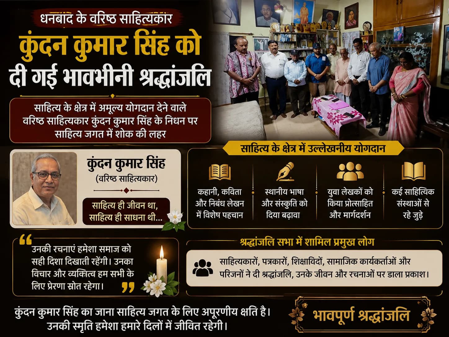 वरिष्ठ साहित्यकार कुंदन कुमार सिंह को दी गई भावभीनी श्रद्धांजलि