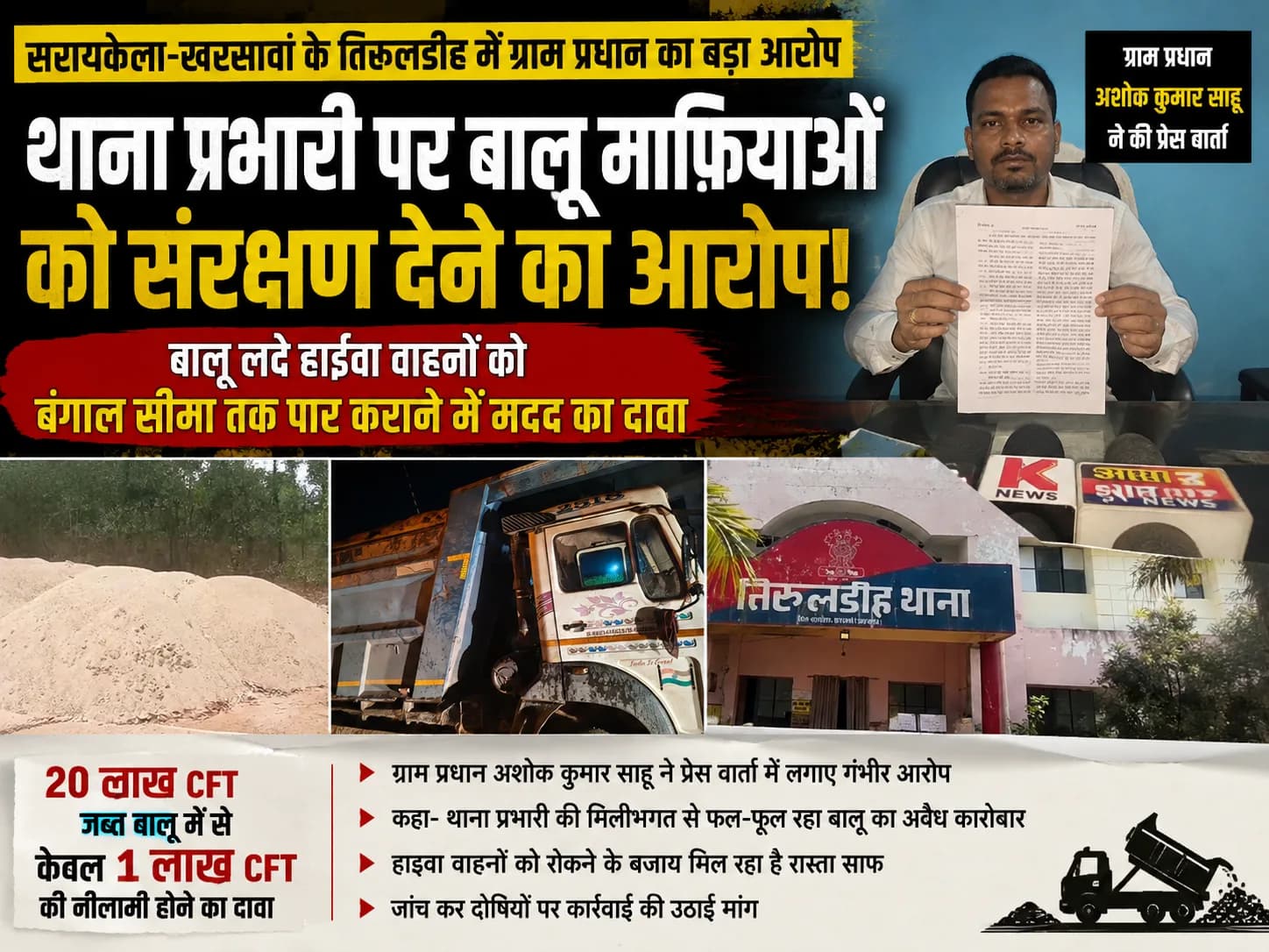 तिरूलडीह पुलिस पर बालू तस्करी संरक्षण का गंभीर आरोप, ग्राम प्रधान का दावा—"थाना प्रभारी खुद गश्त कर हाइवा पार कराते हैं"