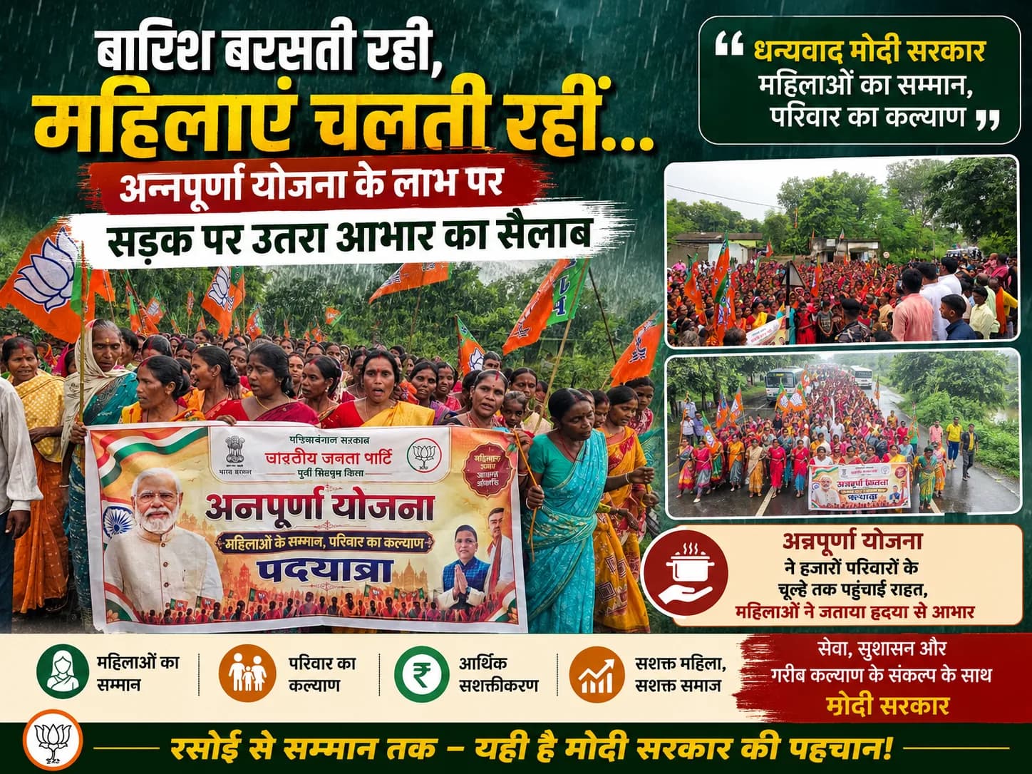 बारिश बरसती रही, महिलाएं चलती रहीं… अन्नपूर्णा योजना के लाभ पर सड़क पर उतरा आभार का सैलाब