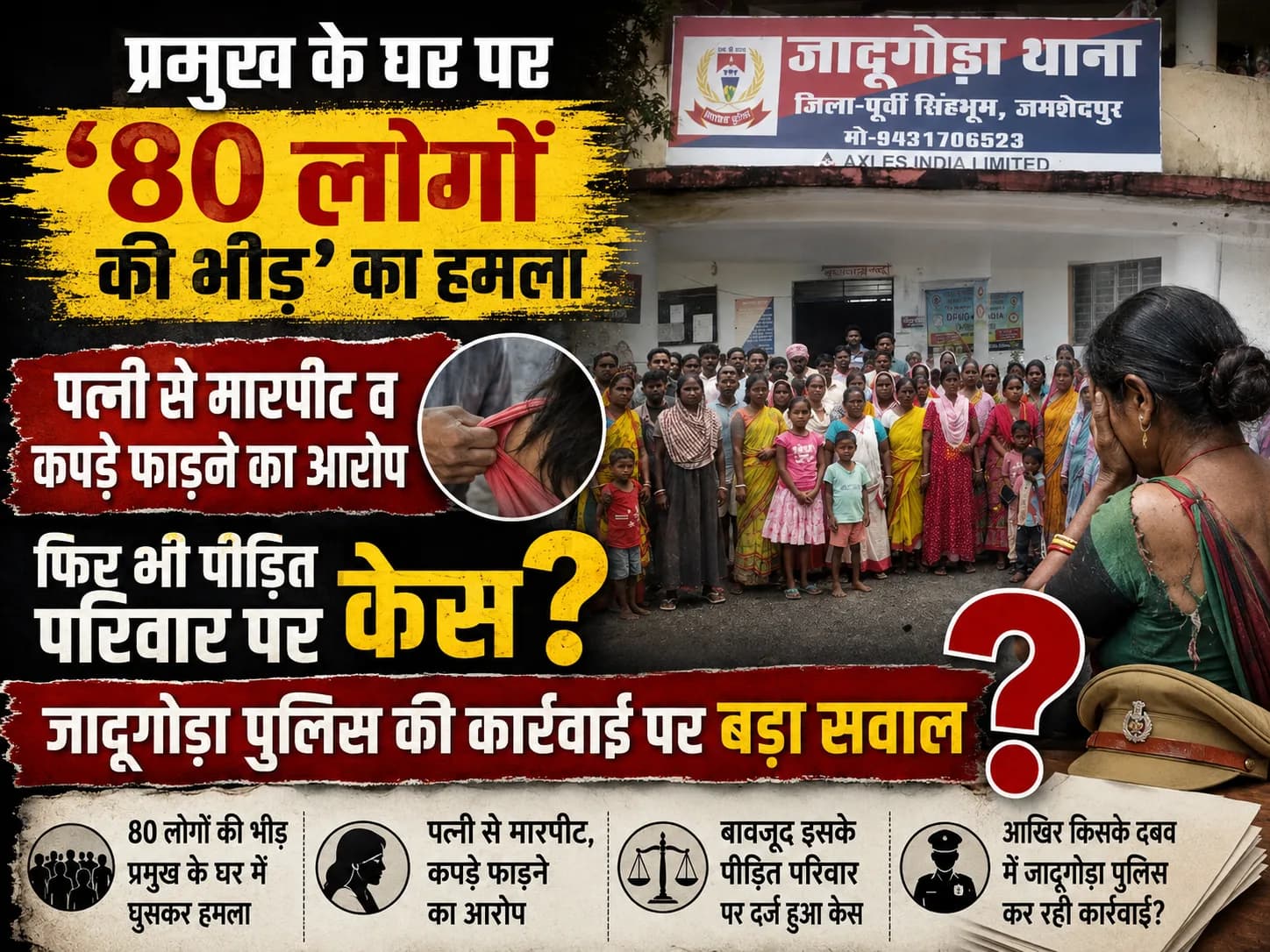 प्रमुख के घर पर '80 लोगों की भीड़' का हमला, पत्नी से मारपीट व कपड़े फाड़ने का आरोप—फिर भी पीड़ित परिवार पर केस? जादूगोड़ा पुलिस की कार्रवाई पर बड़ा सवाल