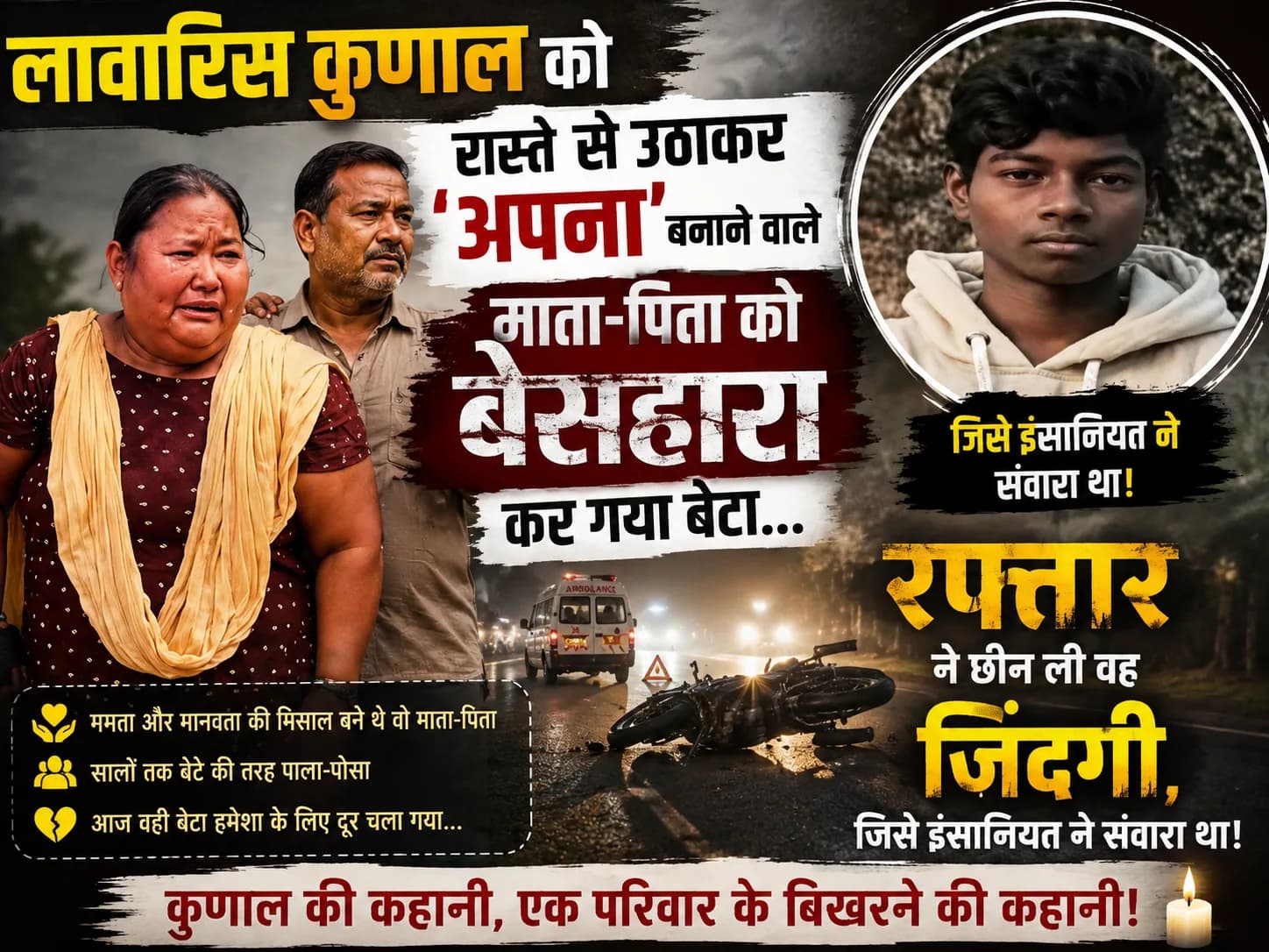 लावारिस कुणाल को रास्ते से उठाकर ‘अपना’ बनाने वाले माता-पिता को बेसहारा कर गया बेटा… रफ्तार ने छीन ली वह जिंदगी, जिसे इंसानियत ने संवारा था!