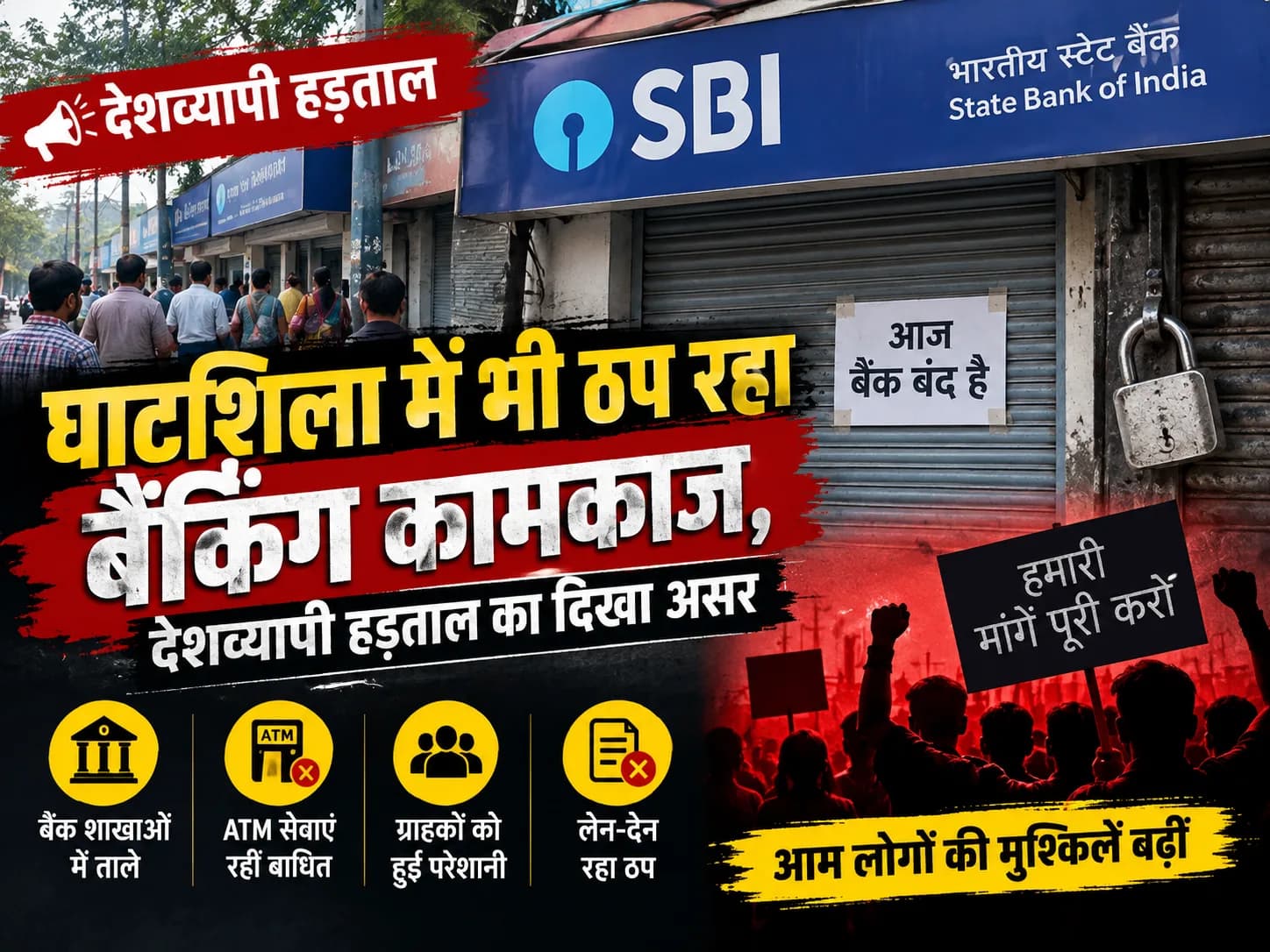 घाटशिला में भी ठप रहा बैंकिंग कामकाज, देशव्यापी हड़ताल का दिखा असर