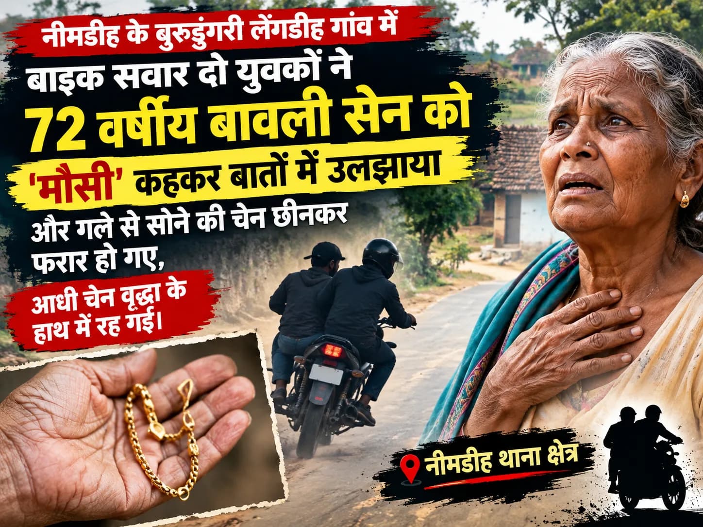 नीमडीह में दिनदहाड़े वृद्धा से सोने की चेन छिनतई, मौसी कहकर पास आए बाइक सवार युवकों ने दिया वारदात को अंजाम